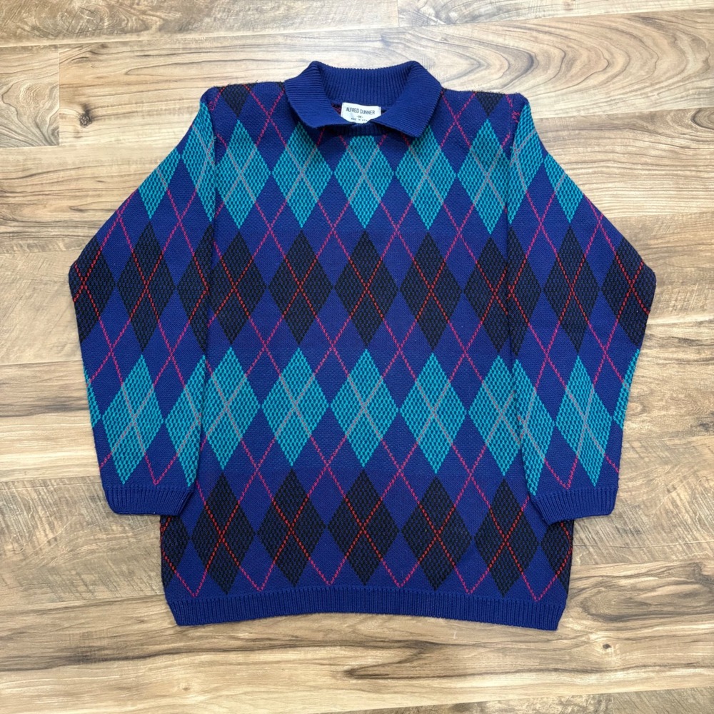Vintage Y2K Alfred Dunner Sweater Men S Blue Argyle Knit Polo Collar 80s Retro